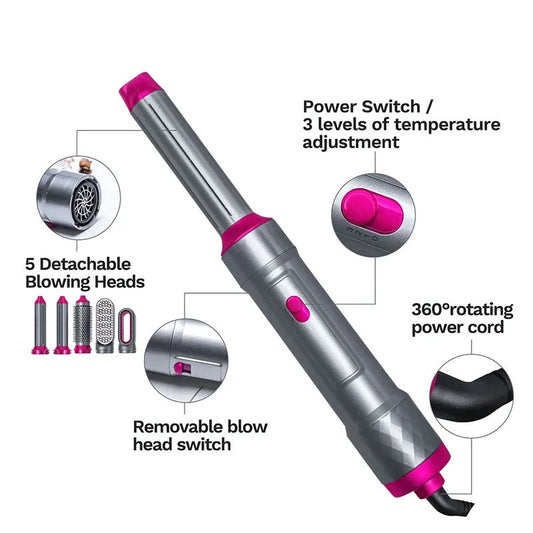 5 In 1 Electric Hair Dryer Brush | Blow Dryer Hair Comb Curling Wand Detachable Brush Kit Negative Ion Straightener Hair Curler