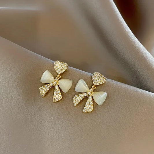 Heart Bow Zircon Korean Earring For Women | golden