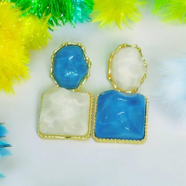 Imported Elegant Blue And White Resin Statement Earrings Timeless Design With A Modern Twist For Women Jewelry